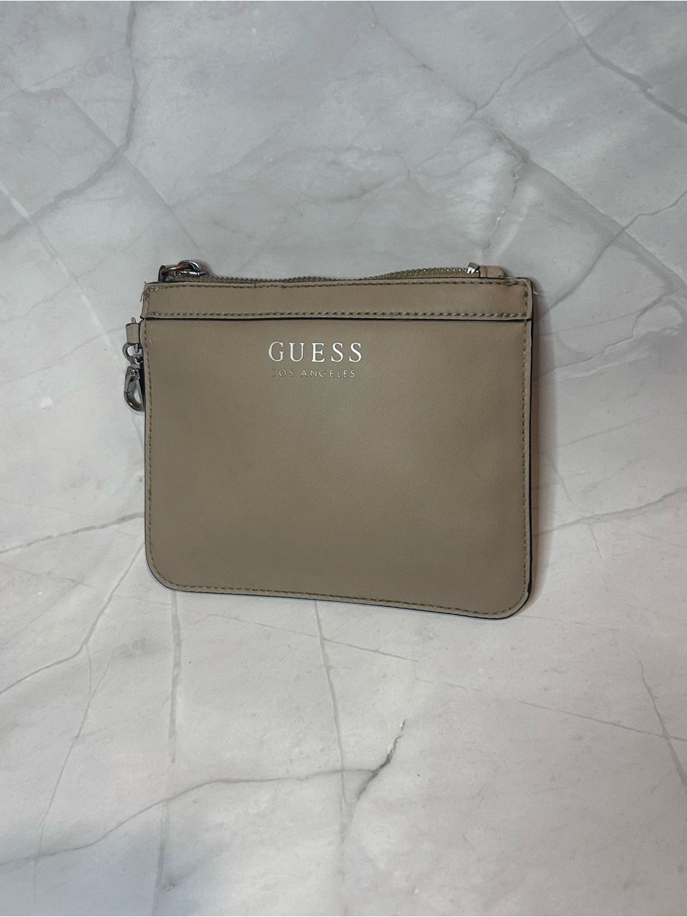 GUESS Taupe Leather Zip Pouch with Silver Hardware
